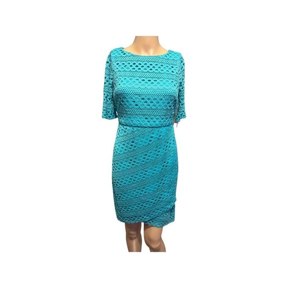 Jessica Howard Lace Short sleeve Tulip Hem Sheath Dress Turquoise Size 4P NWT - Picture 2 of 13